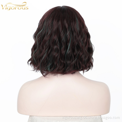 Highlight Color Bob Wavy Curly Wig Synthetic Short Wig with Bangs Natural Looking Heat Resistant Fiber Hair for Women